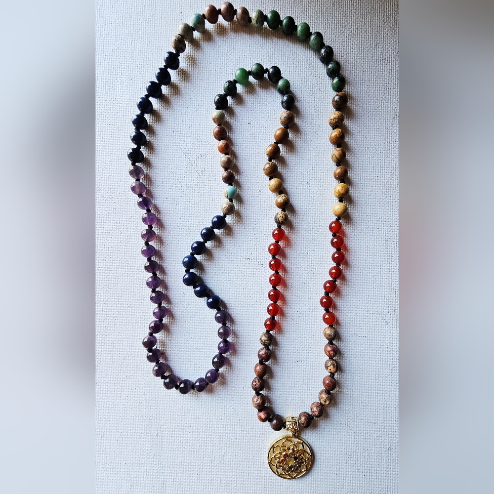 Spiritual Boho Assorted Gemstone Mala Necklace with Gold Chakra Pendant